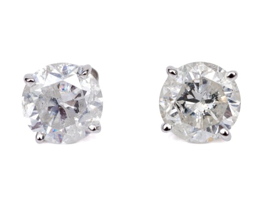 14k White Gold Round Brilliiant Cut Diamond Stud Earrings, App. 2.58 TCW, See Note