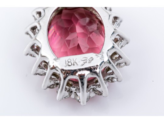 18k White Gold Stunning Impactful Pink Tourmaline And Diamond Halo Pendant, App. 0.48 TCW
