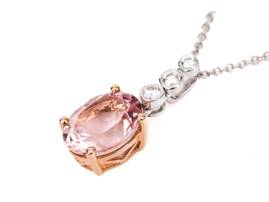 14k White And Rose Gold Lovely Morganite And Diamond Topped Pendant