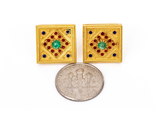 18k Yellow Gold Mogul Style Square Enamel And Emerald Earrings