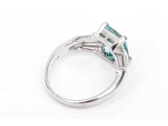 Platinum Pretty Aquamarine And Baguette Diamond Ring, Size 5.25