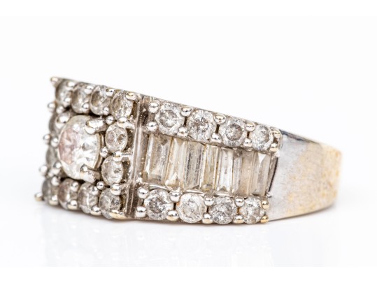 14k White Gold Ornate Round And Baguette Diamond Cluster Ring, App. 1.78 TCW, Size 7.75