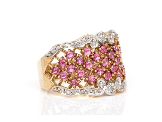 14k Gold Ultra Wide Ruby Set Lattice Patterned Dome Ring, Diamond Accented, Size 7.75+