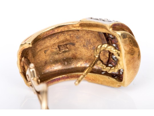 18k Yellow Gold Vintage Pave Diamond Topped Ribbed Earrings