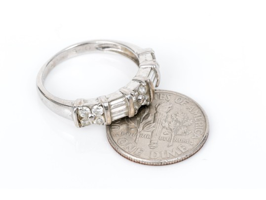 18k White Gold Baguette And Round Diamond Band Ring, App. 0.60 TCW, Size 7