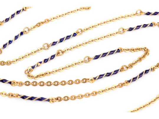 18k Yellow Gold Beautiful Opera Length Flat Curb And Blue Enamel Link Necklace
