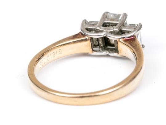 14k And Platinum Emerald Cut Diamond Three Stone Ring, App. 1.27 TCW, Size 7