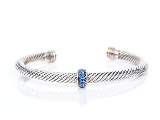 David Yurman Sterling Silver And Sapphire Classic Cable Station Cuff, App. 0.40 TCW, With Box