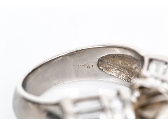 Heavy Platinum Baguette And Round Diamond Ring With Moissanite Center, Size 5.25