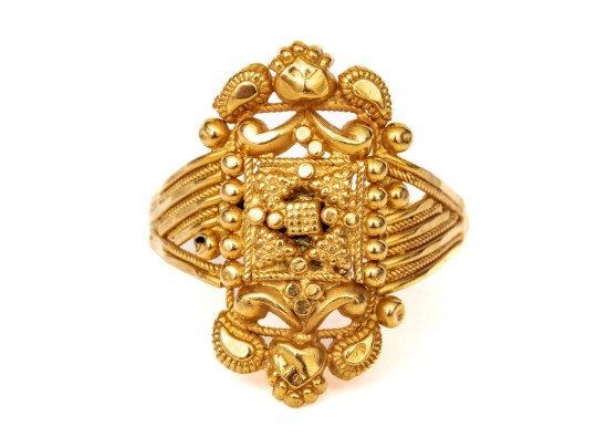 22k Yellow Gold Striking Etruscan Styled Elongated Braid And Bead Trimmed Ring, Size 5.75+