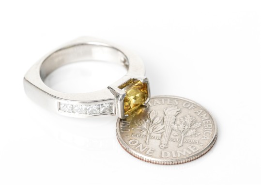 Platinum Beautiful Horizontal Profile Yellow Sapphire And Princess Cut Diamond Ring, Size 5+