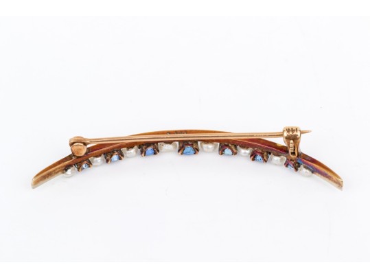 Antique 14k Yellow Gold Lovely Seed Pearl And Blue Sapphire Crescent Brooch