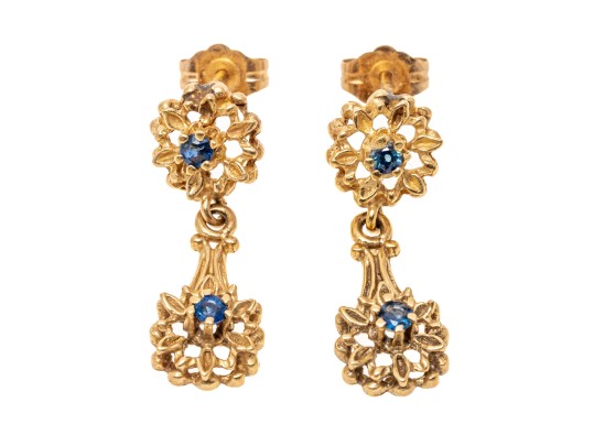 14k Yellow Gold Sapphire Set Drop Pendant Earrings, App. 0.36 TCW
