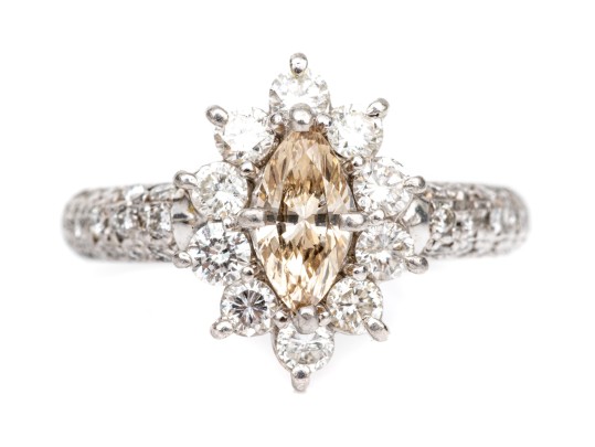 Platinum Champagne Marquise And Round White Diamond Ring, App. 0.90 TCW, Size 6.5