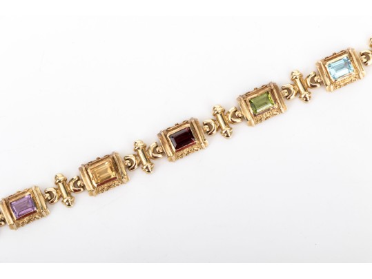 14k Yellow Gold Ornate Baroque Style Multi Stone Link Bracelet