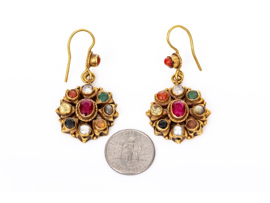 Majestic Pair Of Yellow Gold Navaratna Drop Pendant Earrings