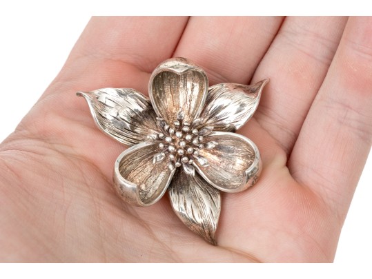 Tiffany & Co. Sterling Silver Beautiful Figural Orchid Brooch, With Suede Pouch