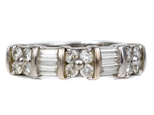 18k White Gold Baguette And Round Diamond Band Ring, App. 0.60 TCW, Size 7