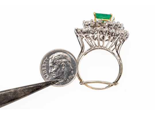Exceptional 18K White Gold Emerald And Diamond Cocktail Ring, Size 8.25