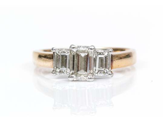 14k And Platinum Emerald Cut Diamond Three Stone Ring, App. 1.27 TCW, Size 7