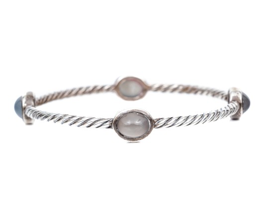 David Yurman Sterling Silver Four Station Color Classics Chalcedony Slip On Bangle Bracelet