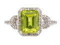 14k White Gold Lovely Emerald Cut Peridot And Diamond Halo Ring, App. 0.25 TCW, Size 7
