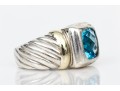 David Yurman Sterling Silver And 14k Checkerboard Blue Topaz Cable Ring, Size 4.5