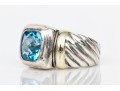 David Yurman Sterling Silver And 14k Checkerboard Blue Topaz Cable Ring, Size 4.5