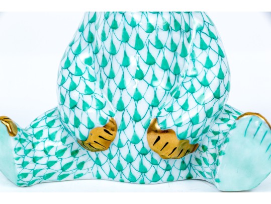 Herend Hungary Hand-Painted Bear Figure, Green Fishnet Pattern