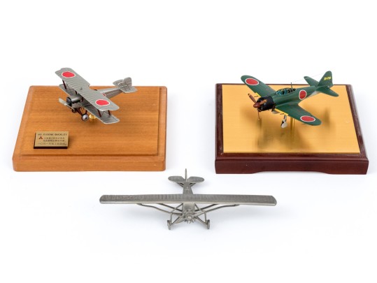 Three Model Airplanes, Two In Wood And Lucite Display Cases