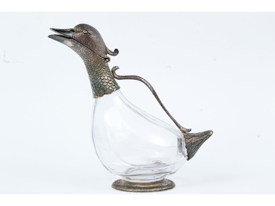 Sterling Mounted Crystal Duck Form Decanter