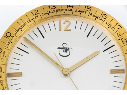 Brass Cased Swiss Clock With Sikorski Insignia, On Fitted Wood Stand