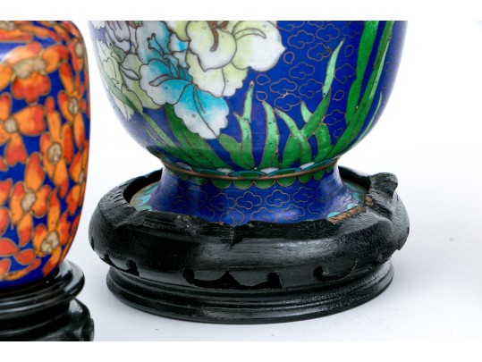 Collection Of Four Chinese Cloissone Vases With Fitted Wood Stands