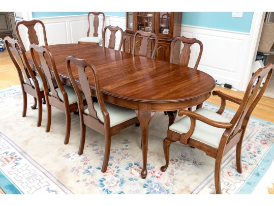 Queen Anne Style Cherry Extension Dining Table With Ten Dining Chairs