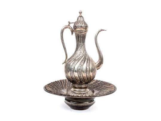 Turkish .900 Silver Ewer, Basin, And Burner, 78.835 Gross Ozt.