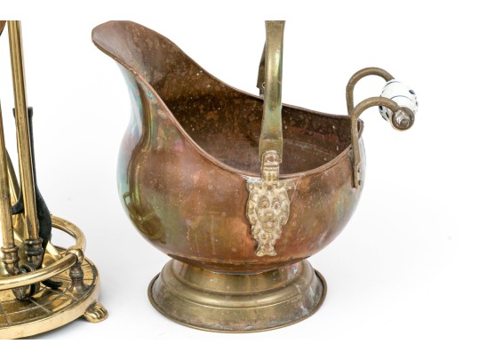 Fireplace Lot Including Antique Cooper, Brass And Ceramic Coal Scuttle