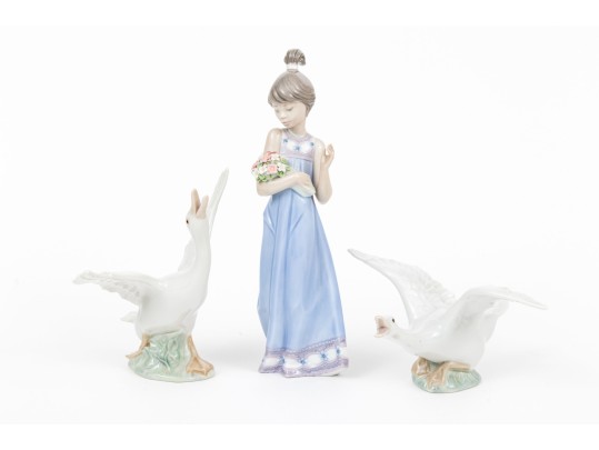 Three Piece Lladro Hand-Painted Porcelain Group