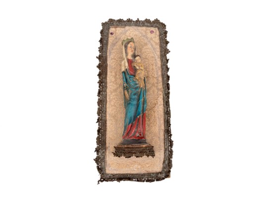 Carved And Painted Virgin Mary And Infant Jesus Plaque