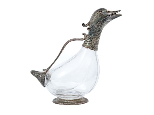 Sterling Mounted Crystal Duck Form Decanter