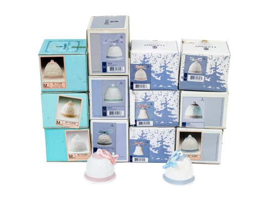 Festive Collection Of Twelve Lladro Porcelain Christmas Bell Ornaments