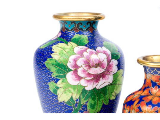 Collection Of Four Chinese Cloissone Vases With Fitted Wood Stands