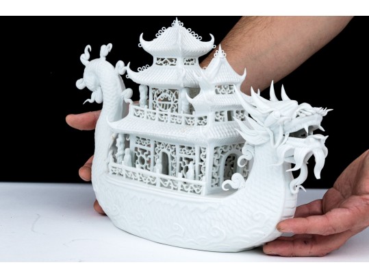Fabulously Decorative Asian Bisque Pottery Model Of Dragon Boat
