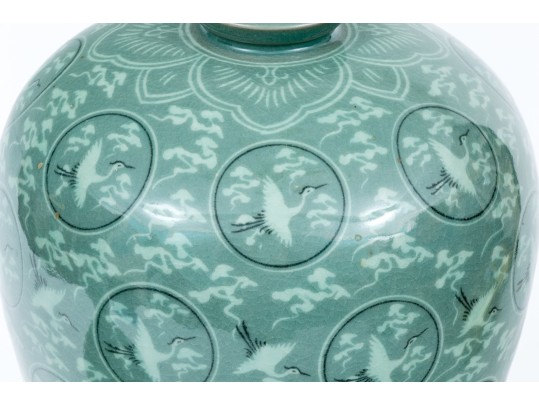 Two Vintage Korean Celadon Glazed And Painted Porcelain Vases