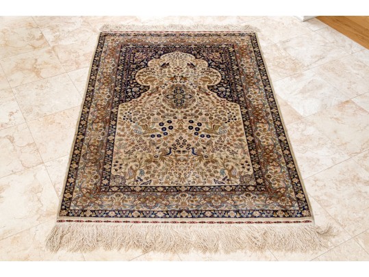 Fine Turkish Hereke Hand-Knotted Silk Accent Carpet, 4’-8 1/2” X 3’-3 1/4”