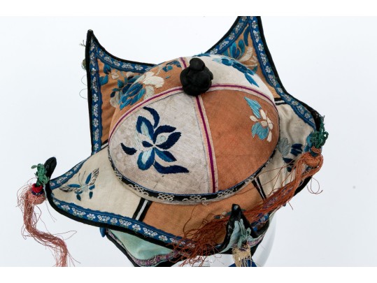 Chinese Republic Period Embroidered Child’s Hat With Cat Motif