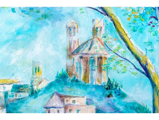 Signed Buckley Acrylic On Board, Impressionist Town Near A Lake