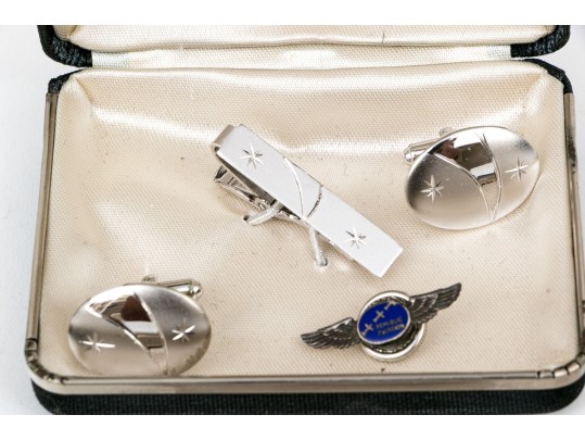 Collection Of Cufflinks, Tie Clips, And An Aviation Pin