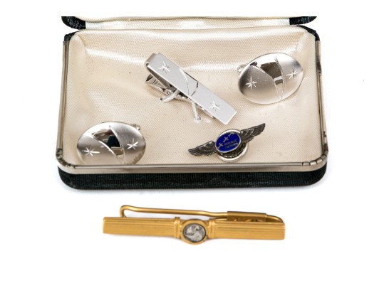 Collection Of Cufflinks, Tie Clips, And An Aviation Pin