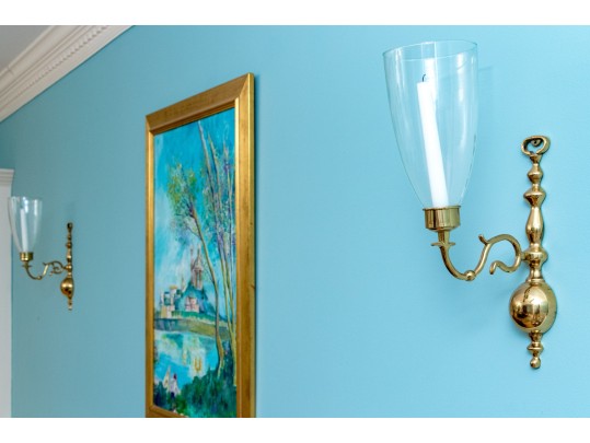 Pair Of Brass Candle Sconces With Glass Shades