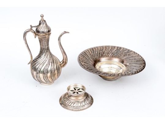 Turkish .900 Silver Ewer, Basin, And Burner, 78.835 Gross Ozt.